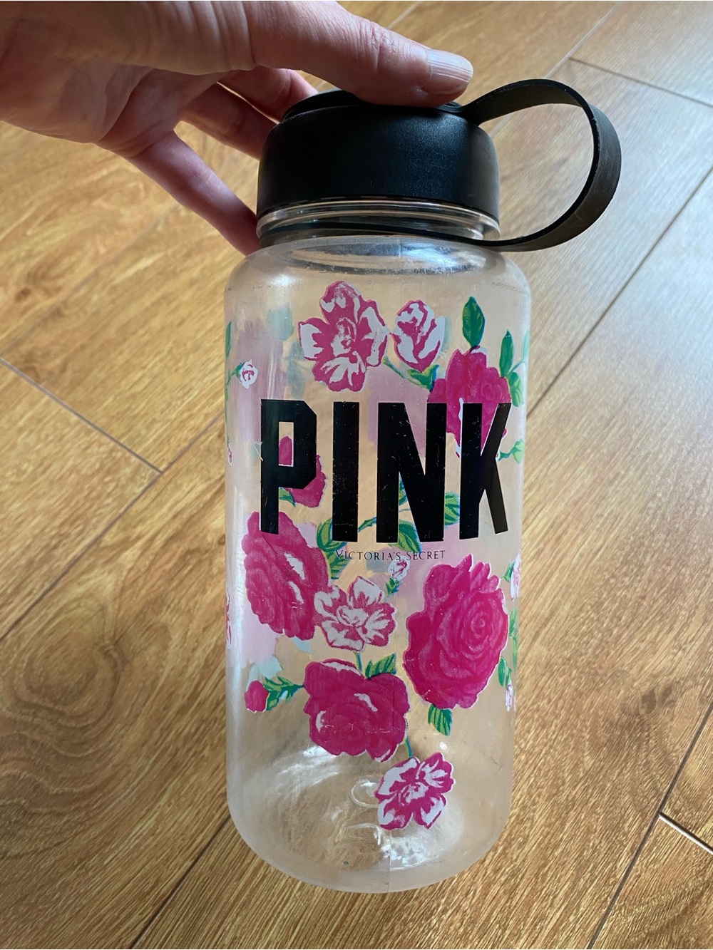 Pink brand floral Water Bottle with Black Flip lid